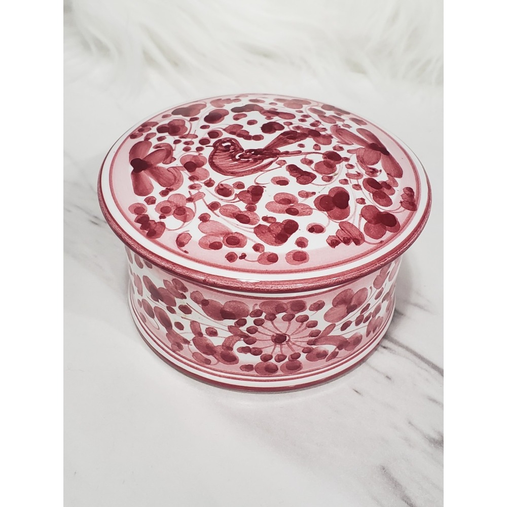 Deruta Italy Red Arabesco Bird Hand Painted Majolica Pottery Jewelry Box